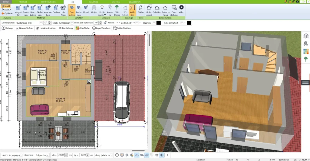 So sieht der erste Schritt der Grundriss-Erstellung für ein Strohhaus im 3D Architekt von Immocado aus. Räume und Wände lassen sich intuitiv anordnen