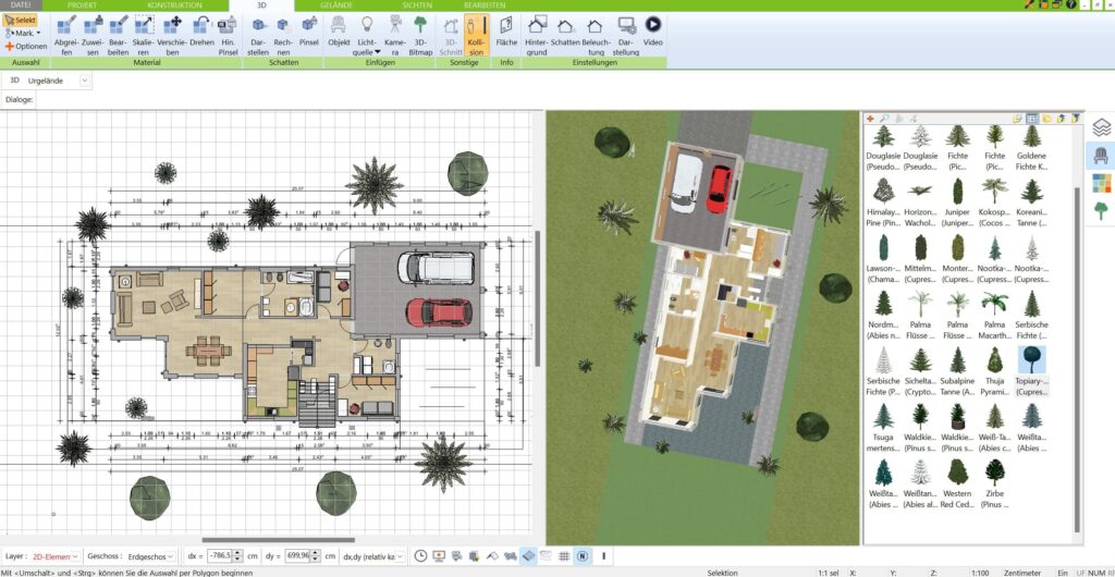 Symbolbibliothek des 3D Architekt – Auswahl verschiedener Baumarten und Pflanzen für die Grundrissplanung