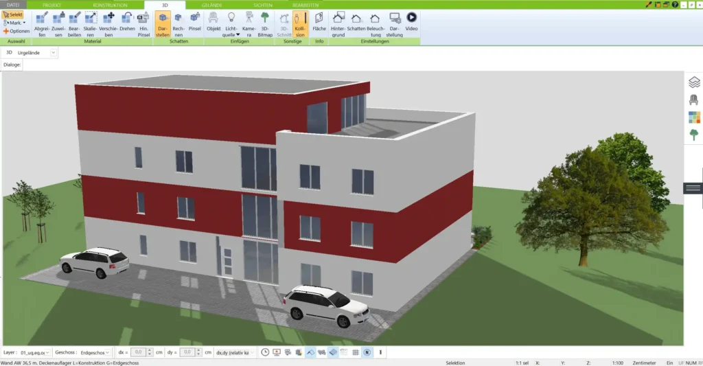 Tauchen Sie in Ihr Bauhaus-Projekt ein und sehen Sie, wie Ihr Grundriss im fertigen Raum wirken wird – beeindruckende fotorealistische Visualisierungsmöglichkeiten im 3D Architekt von Immocado