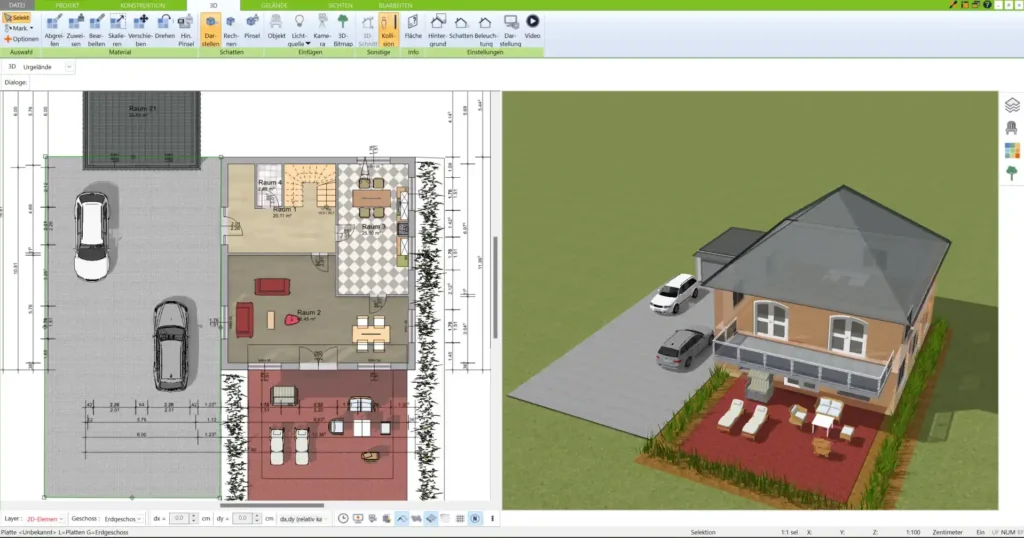 Vergleichen Sie verschiedene Layout-Varianten mithilfe der Ebenenfunktion des 3D Architekt