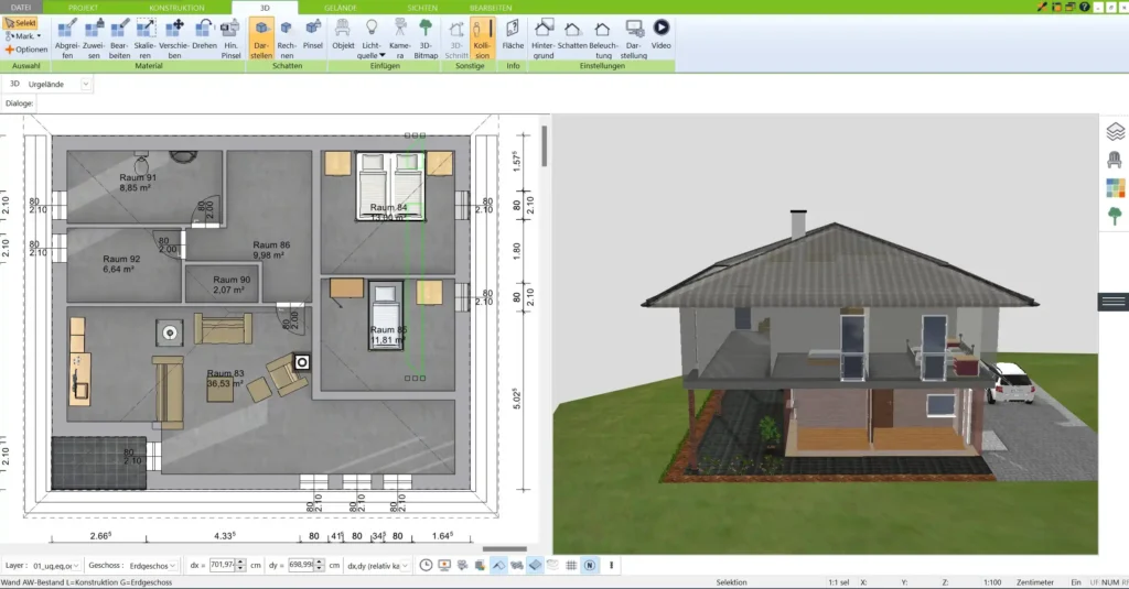 Vergleichen Sie verschiedene Layout-Varianten mithilfe der Ebenenfunktion des 3D Architekt