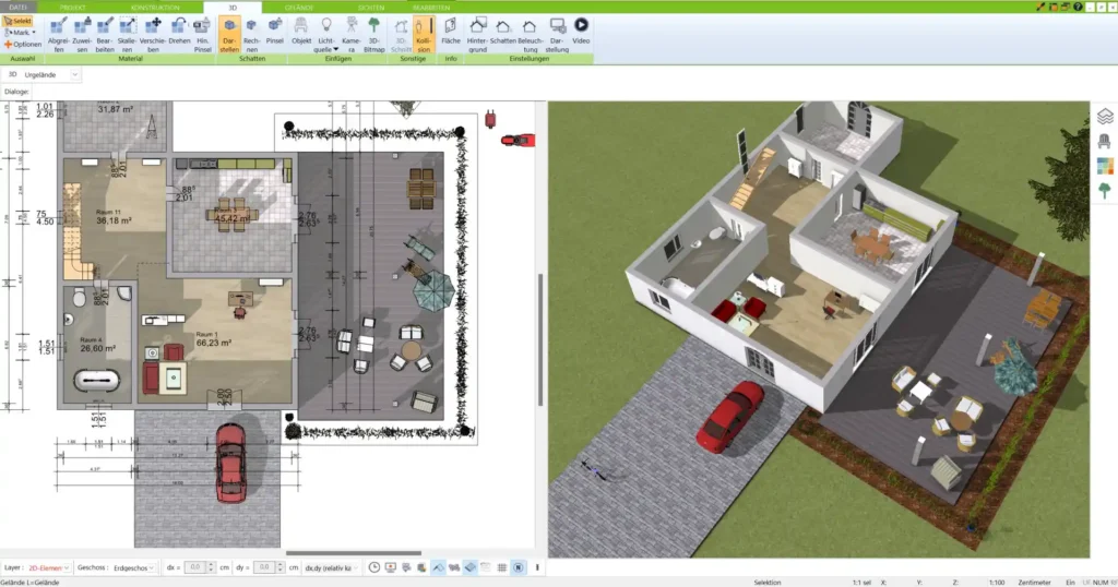 Visualisieren Sie den Grundriss in der 3D-Ansicht, um die Raumaufteilung und das Design besser zu beurteilen