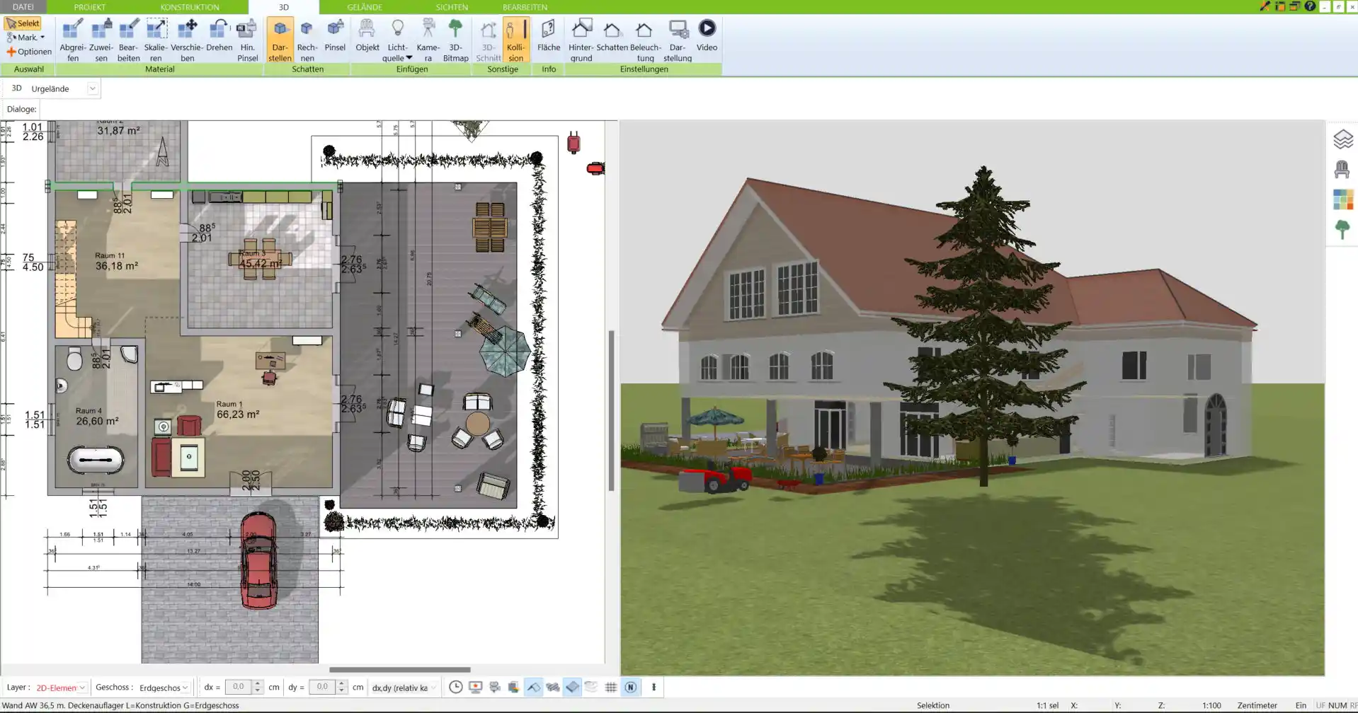 Visualisierung der Lichtverhältnisse und Fensterausrichtung im 3D-Modell für eine ideale Arbeitsatmosphäre