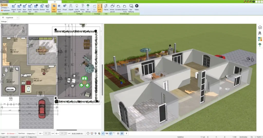 Visualisierung im 3D Architekt Die Ausrichtung der Wohnräume sorgt für maximale Nutzung des natürlichen Lichts