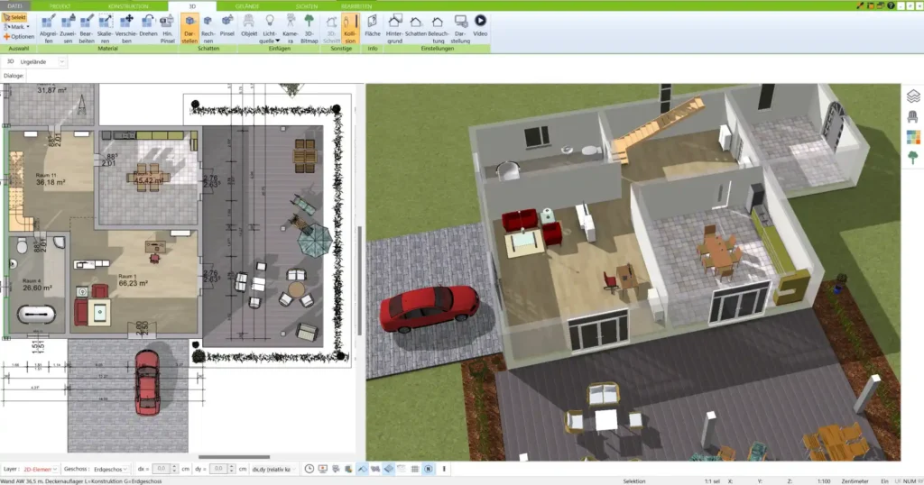 Wohnzimmer-Grundriss mit optimaler Raumgröße – Der 3D Architekt von Immocado ermöglicht eine präzise Planung Ihres Wohnzimmers