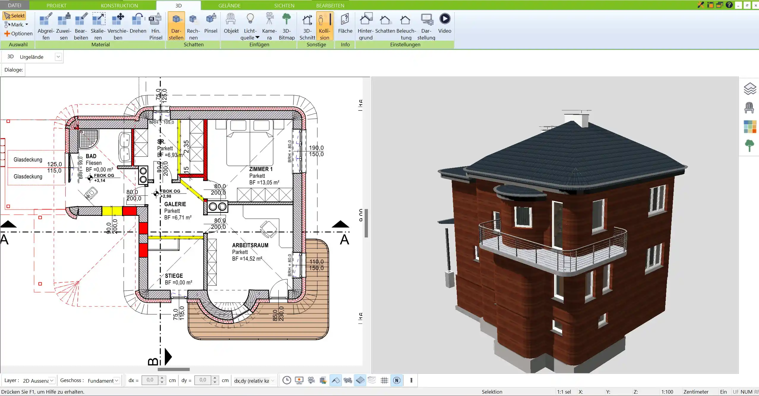 3D-Ansicht eines modernen Reihenhauses – erstellt mit der Immocado 3D-Architekt-Software