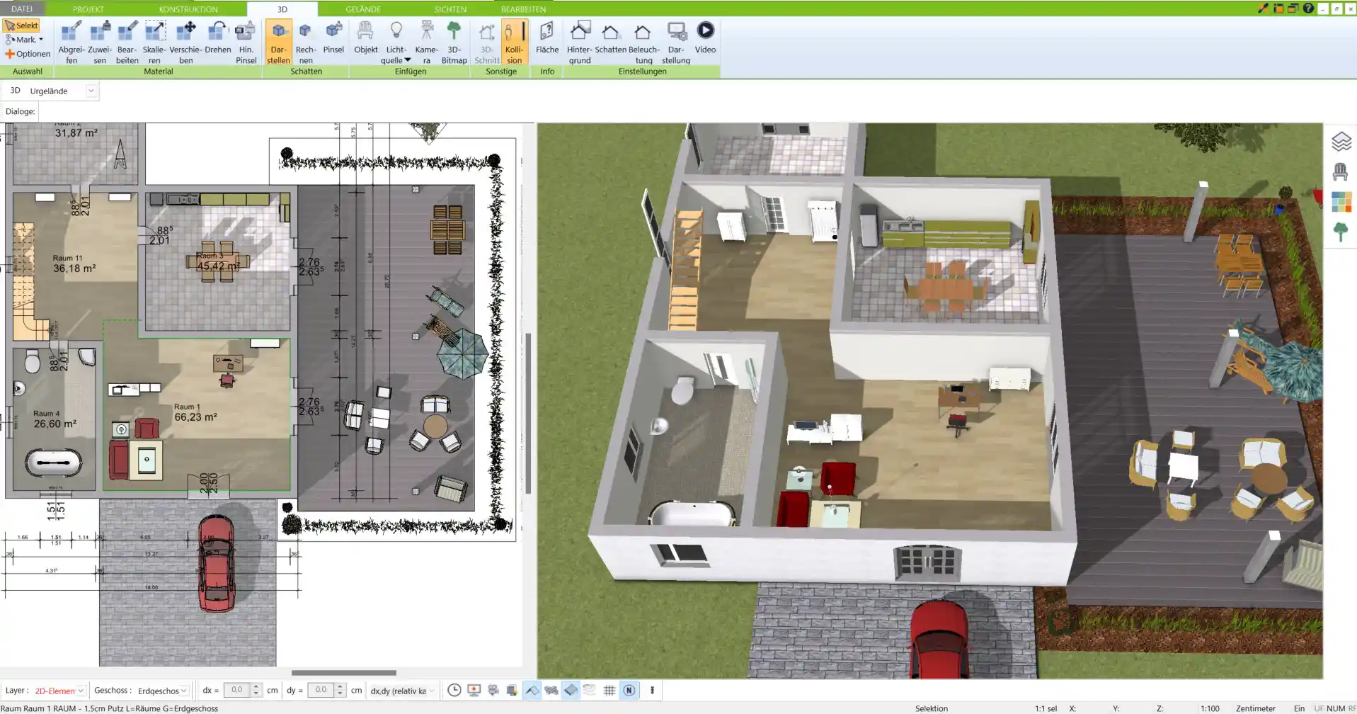 Außenansicht eines nachhaltigen Blockhauses – visualisiert mit dem 3D Architekt von Immocado