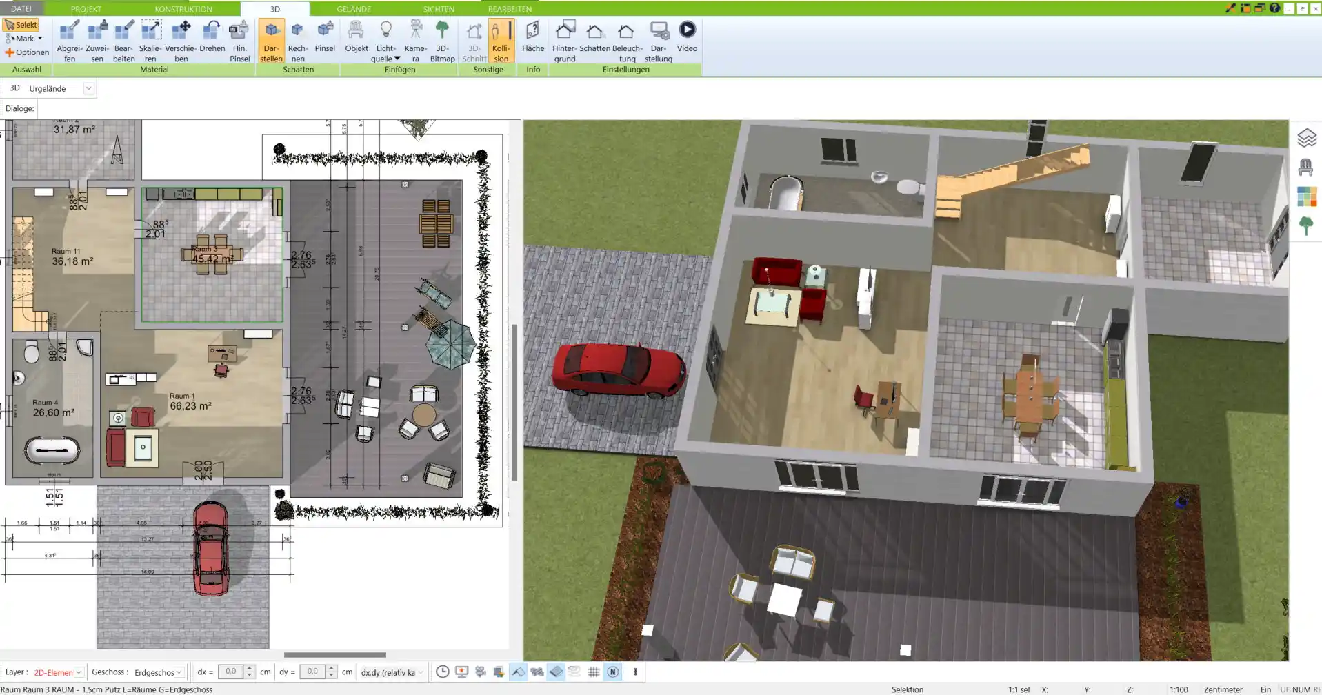 Detailgetreue Grundrissplanung Atriumhaus mit zentralem Innenhof – erstellt mit dem 3D Architekt von Immocado