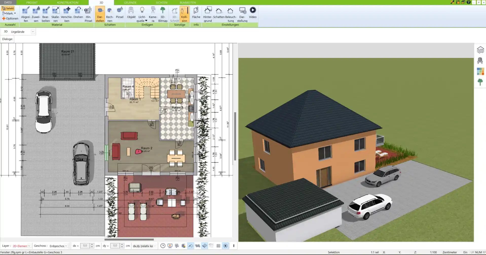 Dieses Bild zeigt, wie die Ausrichtung eines Sonnenhauses für maximale Sonneneinstrahlung mit der 3D-Architekt-Software von Immocado geplant werden kann