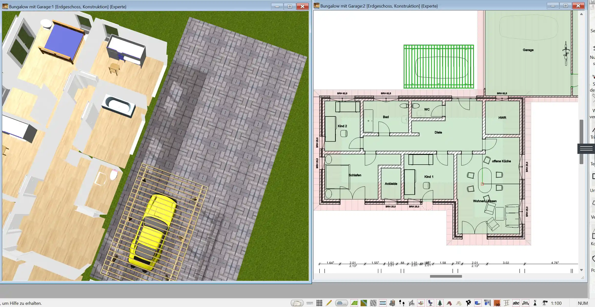 Grundriss eines Sonnenhauses Südausrichtung und Raumaufteilung im 2D-Plan, erstellt mit dem 3D Architekt von Immocado