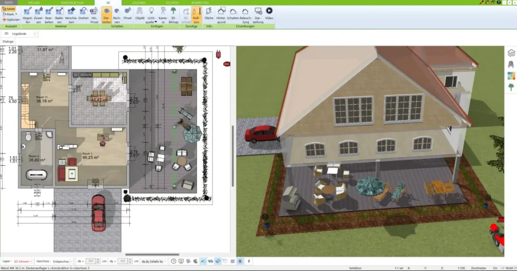 Grundrissplanung eines seitlichen Hausanbaus Mit dem 3D-Architekt von Immocado präzise und detailliert umgesetzt