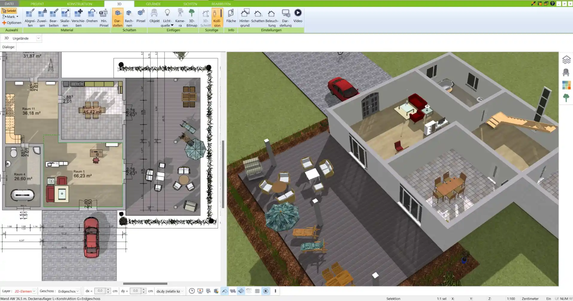 Hier wird die Planung des Gartenlayouts im 2D-Modus gezeigt – ideal für eine schnelle Übersicht und präzise Positionierung der Elemente