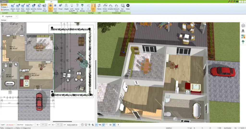 Individueller Grundriss für ein Designerhaus – Dieser Grundriss wurde mit dem 3D Architekt von Immocado erstellt und zeigt, wie individuell Räume geplant werden können