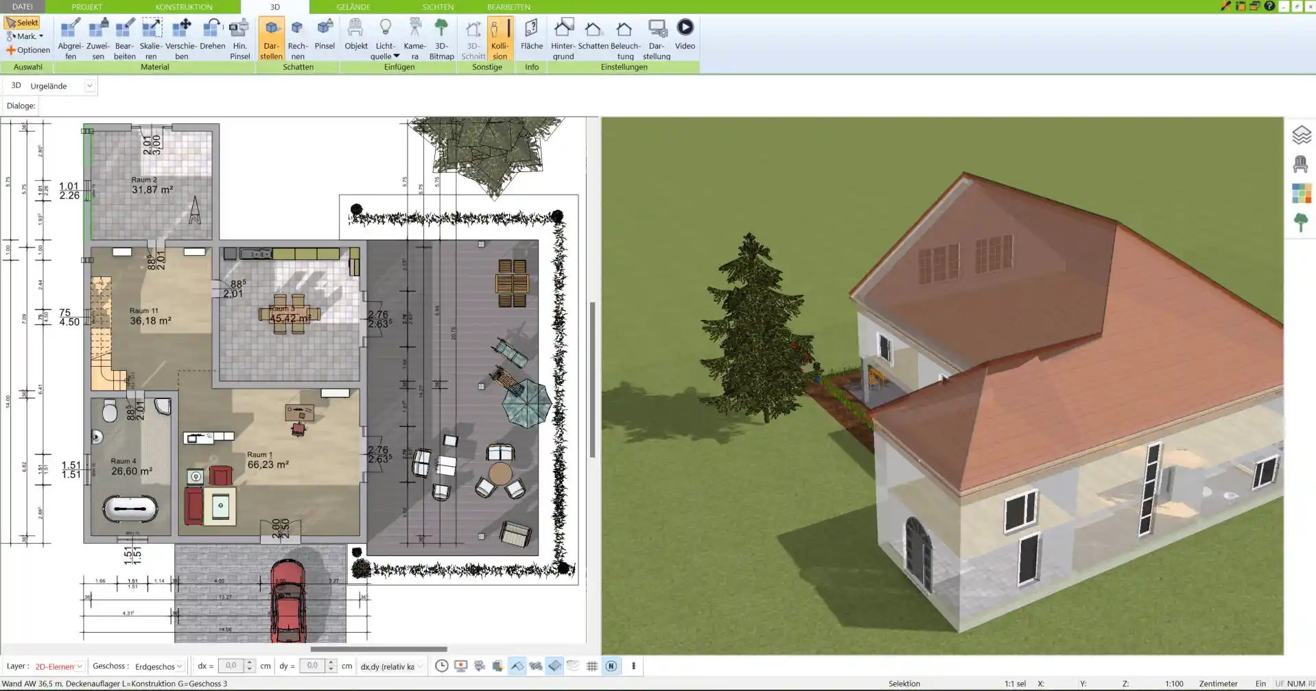 Kompletter Atriumhaus-Grundriss in 3D-Ansicht – professionell erstellt mit dem 3D Architekt von Immocado