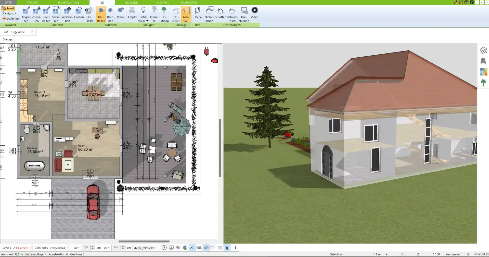 Offener Wohnbereich mit großzügiger Raumaufteilung – erstellt mit der 3D Architekt Software von Immocado