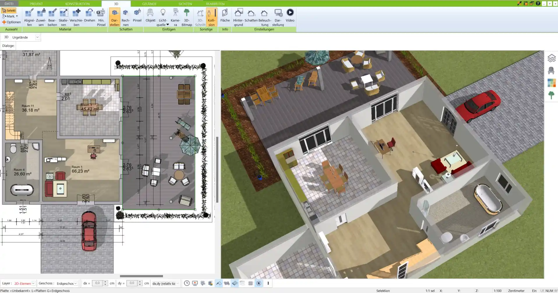 Planung eines Erdkellers in der 3D Architekt Software von Immocado – realistische Visualisierung der Raumaufteilung und Details