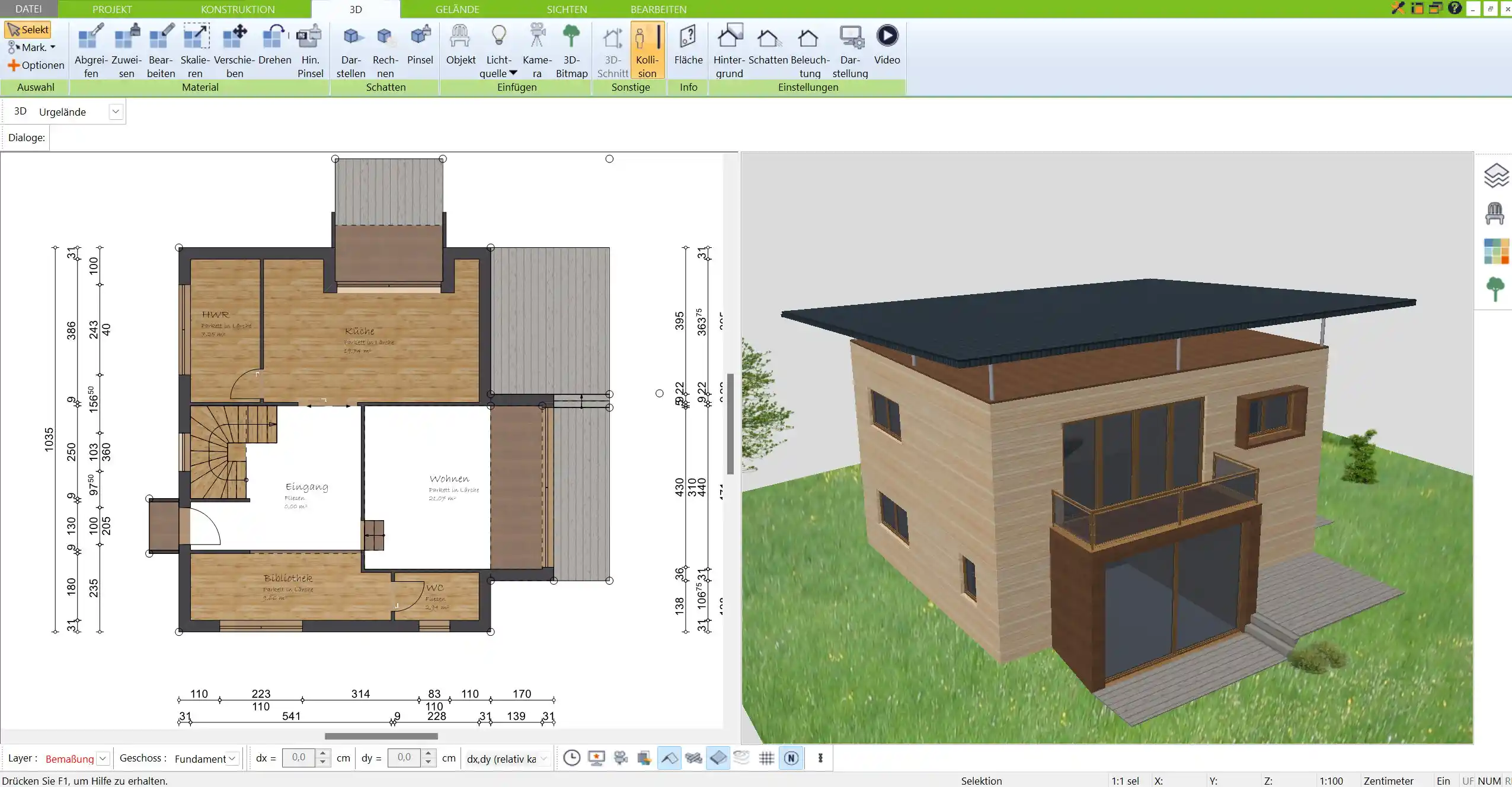 Professionell erstellter Grundriss eines Niedrigenergiehauses – visualisiert mit der 3D-Architekt-Software von Immocado