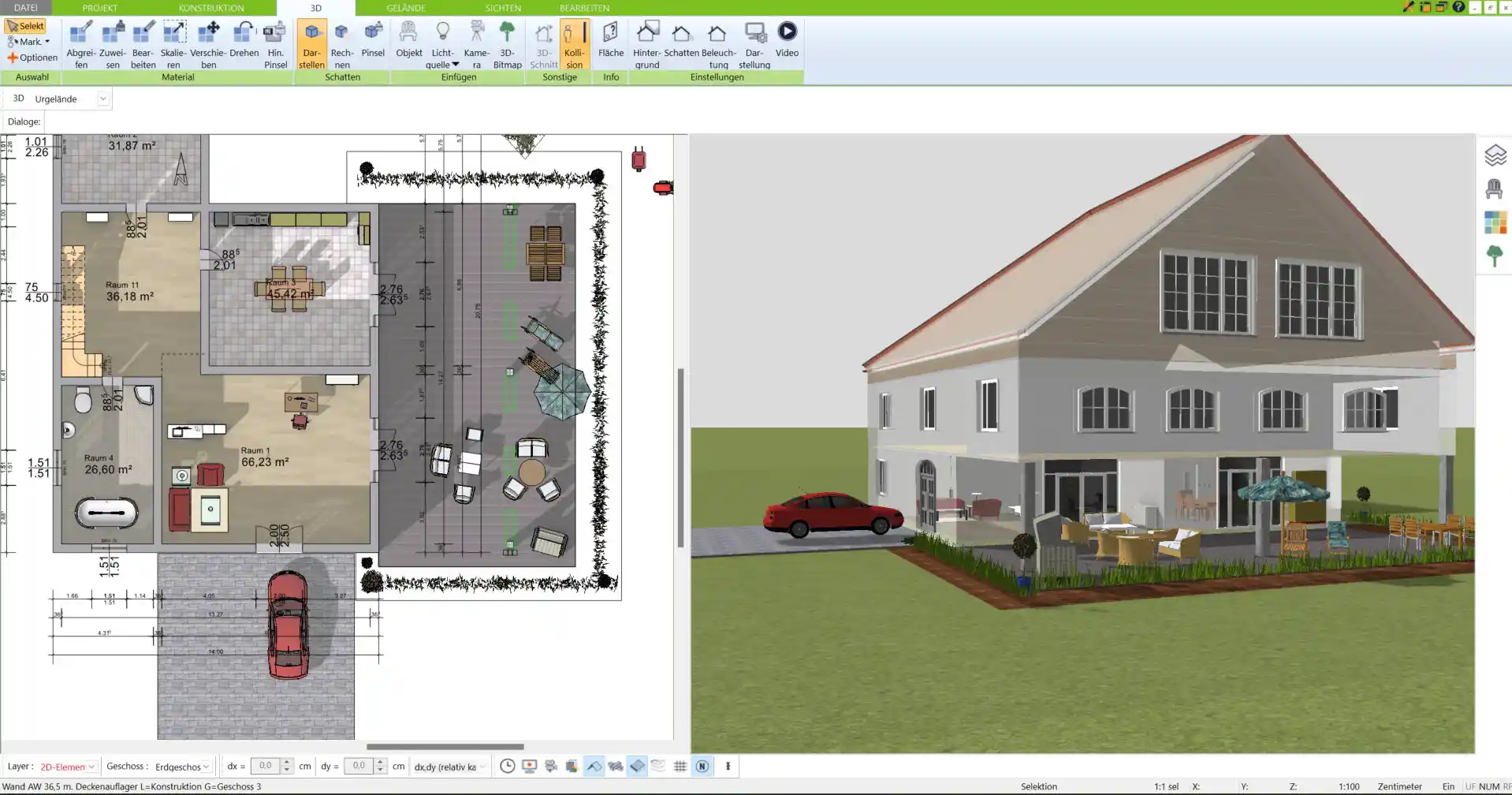 Der gezeigte Grundriss wurde mit der 3D-Architekt-Software von Immocado erstellt und zeigt eine energieeffiziente, kompakte Bauweise