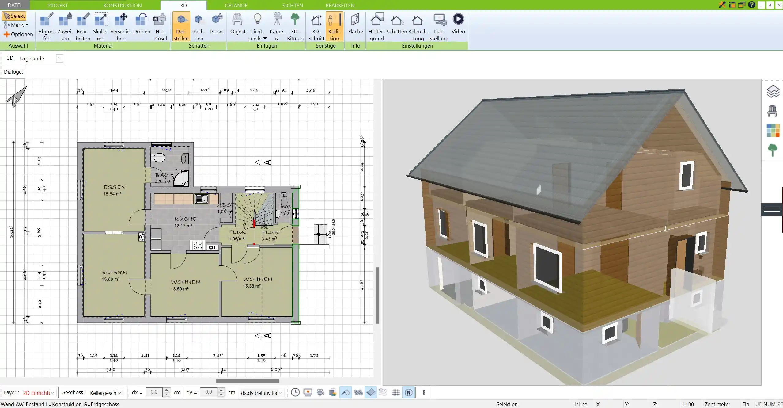 Ein vollständig geplanter Holzhaus-Grundriss mit der 3D Architekt-Software von Immocado – perfekt für eine effiziente Raumaufteilung