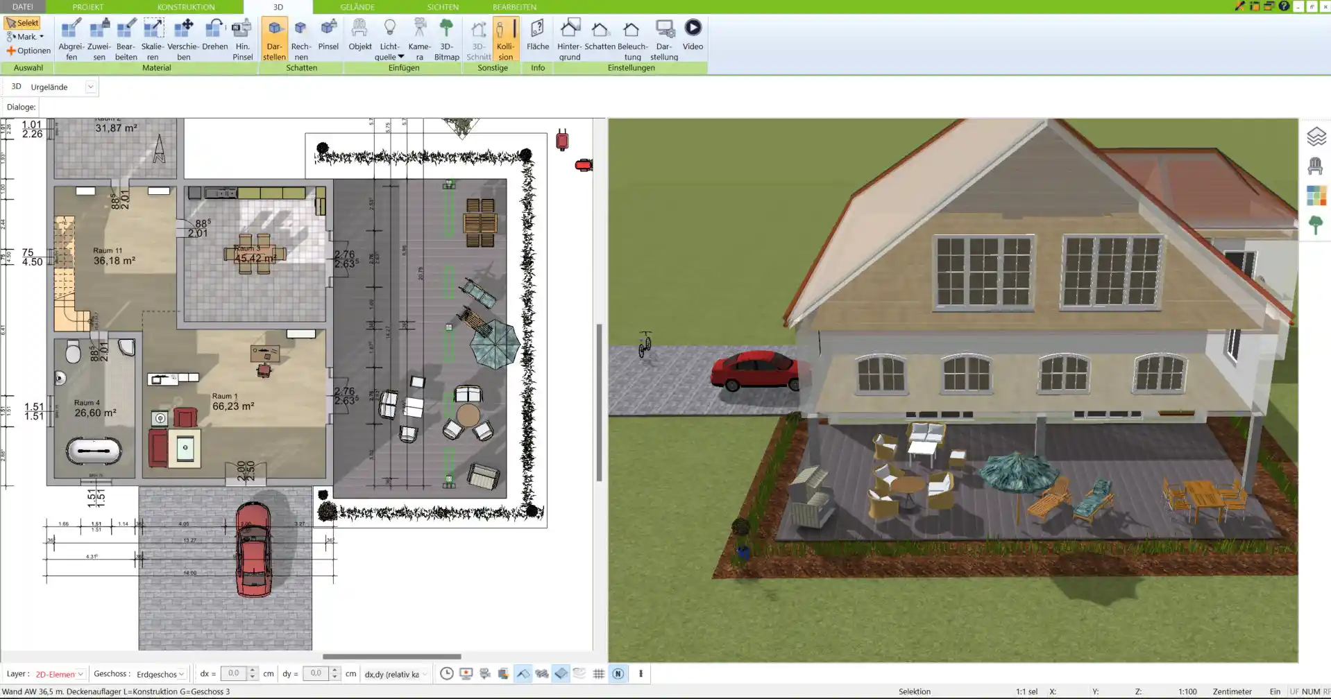 Modern gestalteter Stadtvilla-Grundriss in der 2D-Ansicht, erstellt mit dem 3D Architekt von Immocado