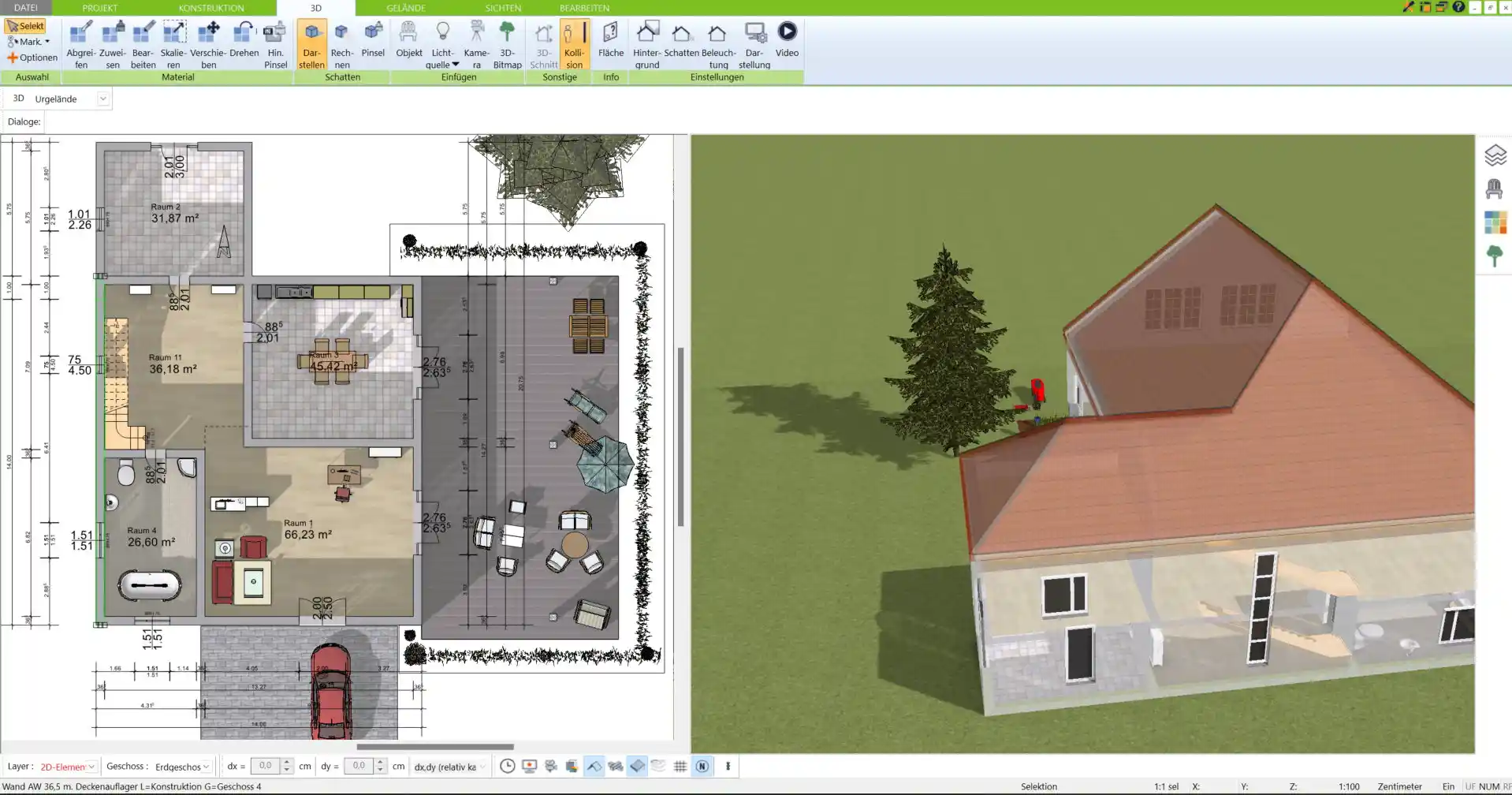 3D-Visualisierung des geplanten Strohhauses Außenansicht mit nachhaltigem Dachdesign