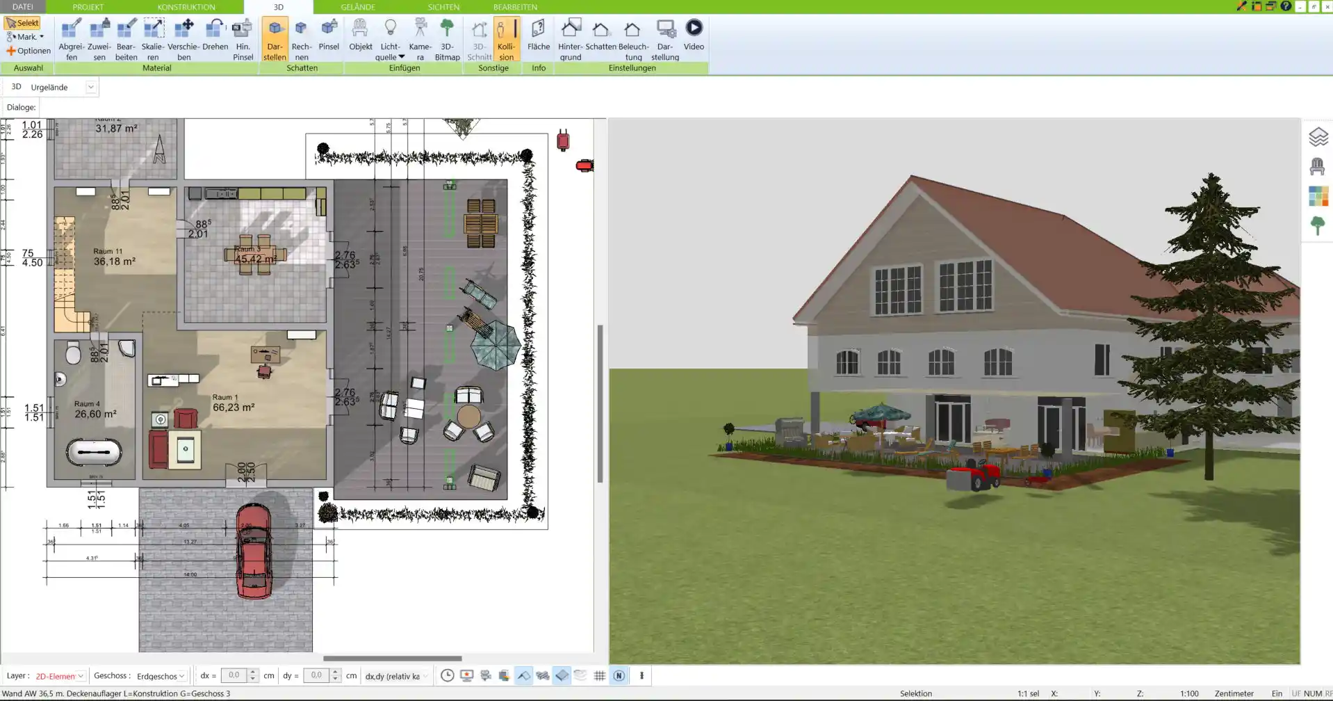 Erdgeschoss-Grundriss mit separatem Eingangsbereich für die erste Wohneinheit. Erstellt mit dem 3D Architekt von Immocado