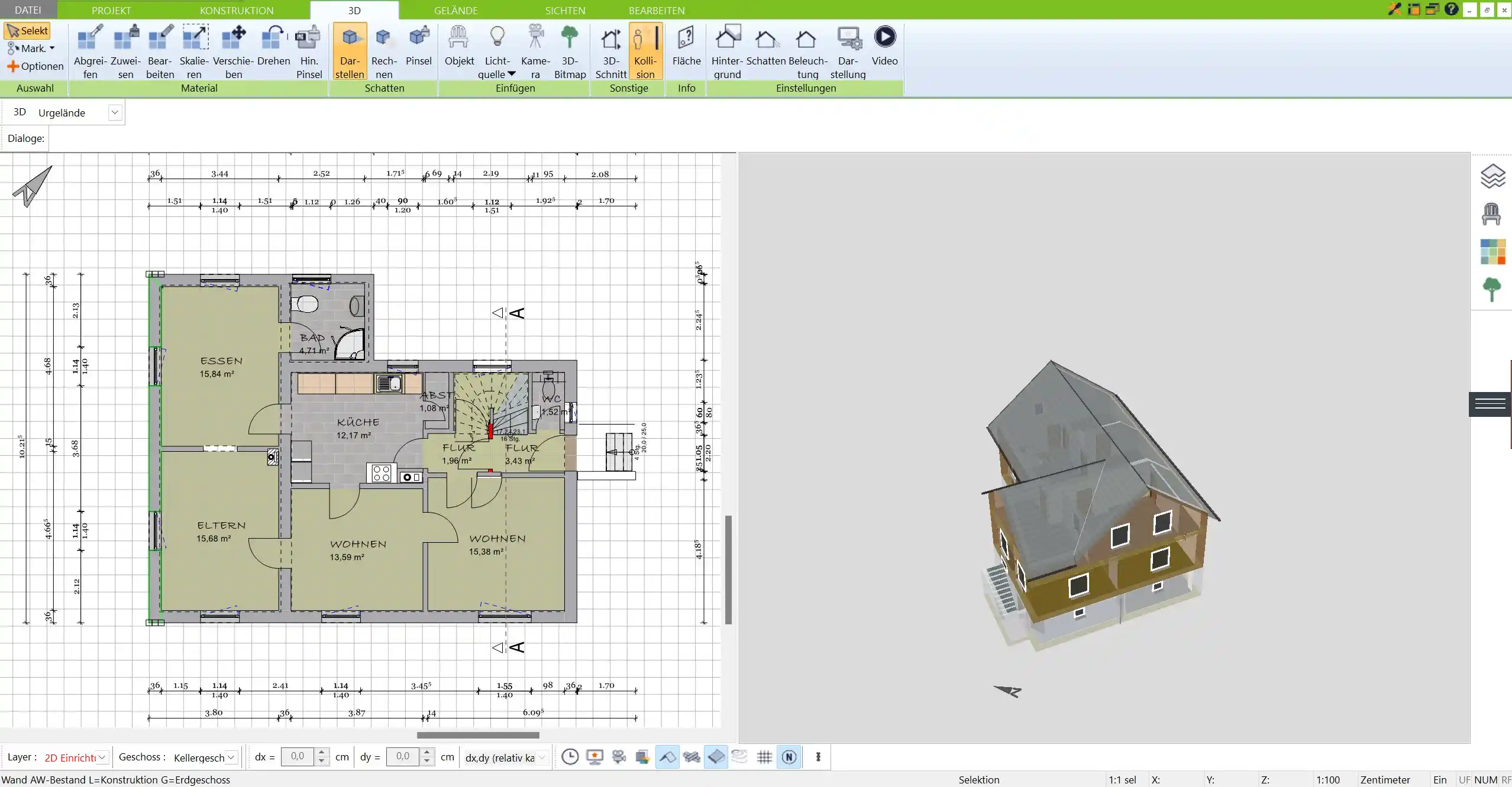 Erster Grundrissentwurf“ – erstellt mit dem 3D Architekt von Immocado, zeigt die Grundstruktur der Räume in 2D und 3D