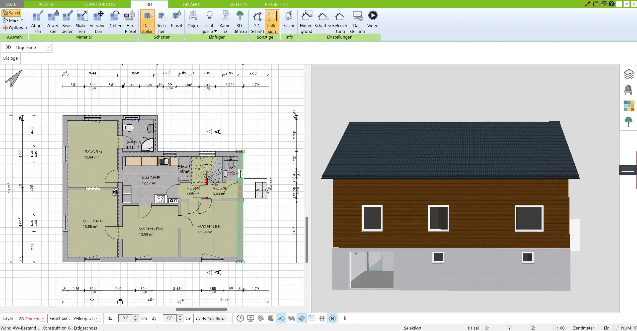 Individuelle Grundrissplanung Beispiel eines modernen Einfamilienhauses, erstellt mit der Immocado 3D-Architekt-Software.