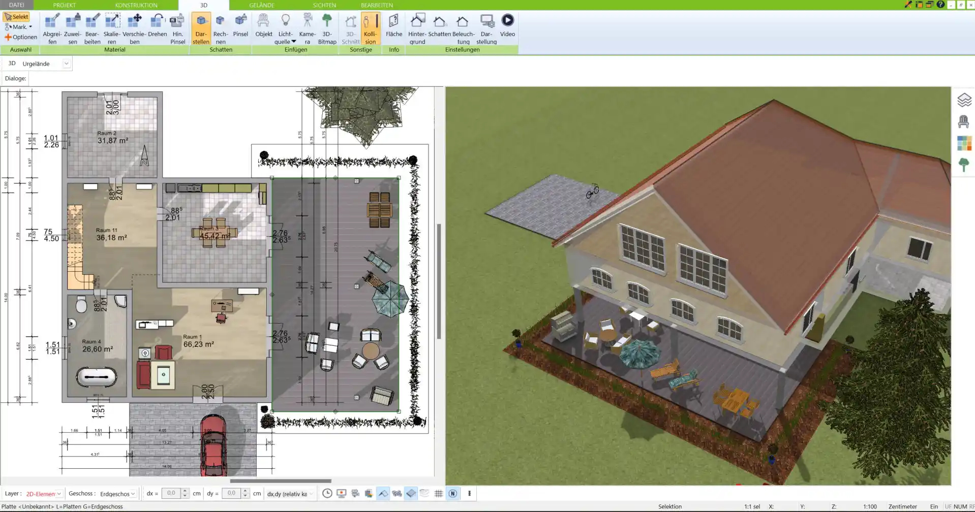 Verschiedene Hausvarianten testen Beispiel für ein Bungalow-Grundrissdesign, entwickelt mit der Immocado-Software.