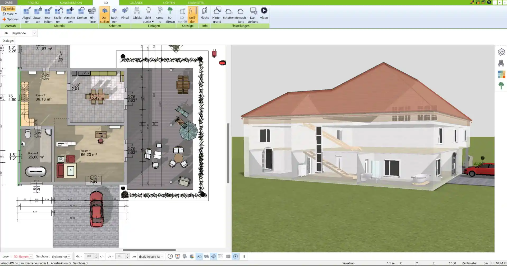 Visualisierung eines energieeffizienten Nullenergiehaus-Grundrisses, erstellt mit dem 3D Architekt von Immocado