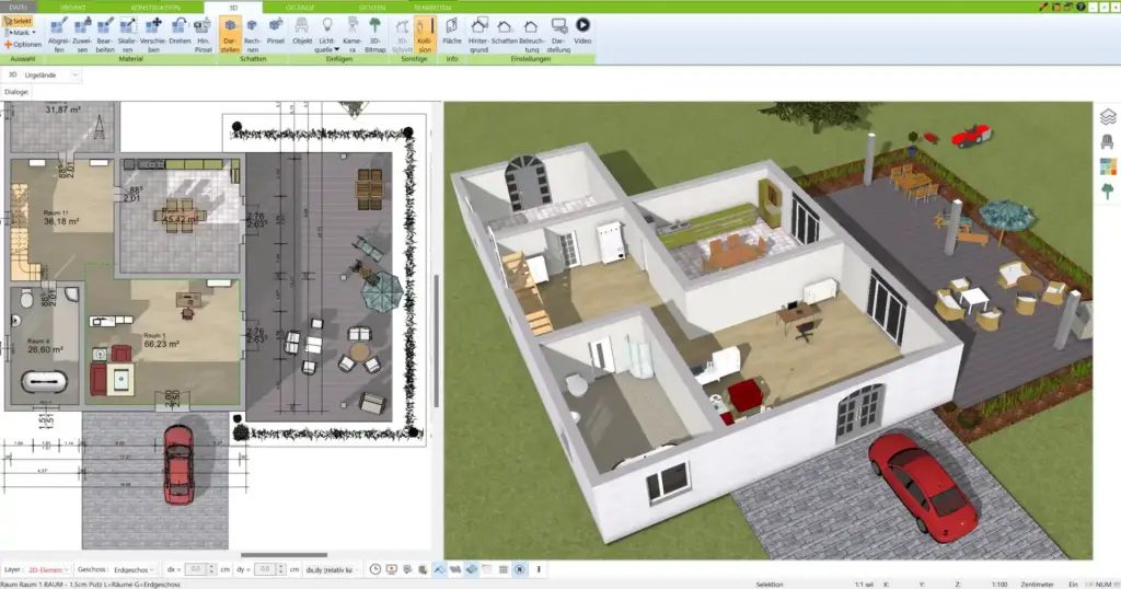 Detaillierte Altbau-Raumaufteilung Mit dem 3D Architekt von Immocado geplant und visualisiert.