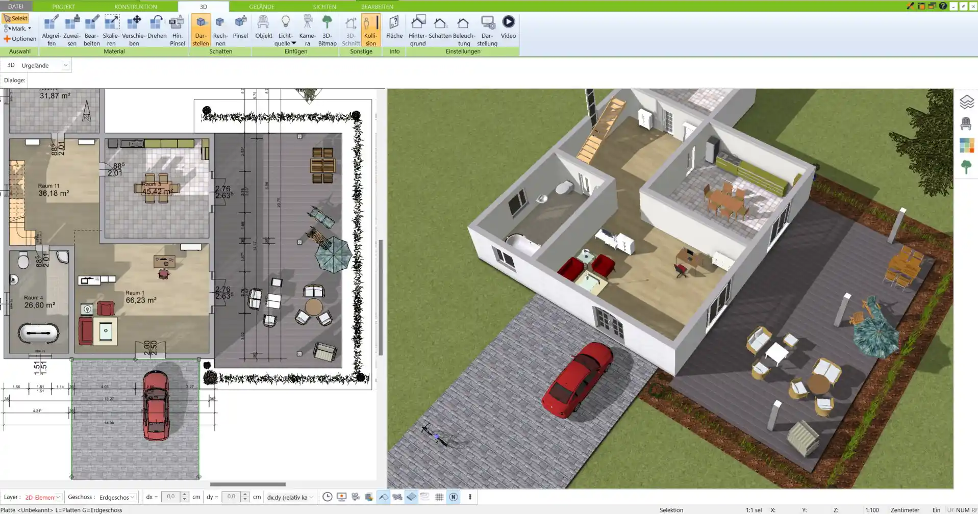 Grundriss eines modernen Pultdachhauses, erstellt mit dem 3D Architekt von Immocado.